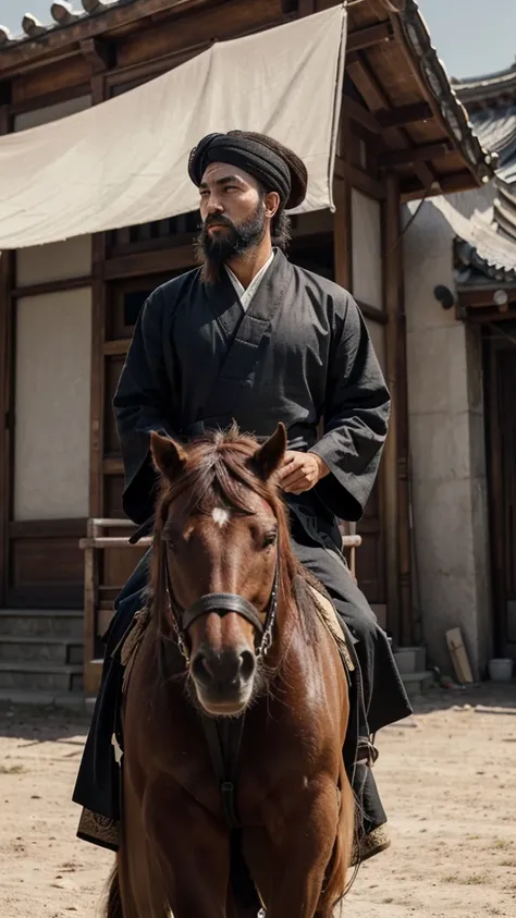 This image shows a man on horseback，His attire and look seemed to reflect his Chinese background。Man with beard，Hair tied on top of head，Liu Bang, Emperor Gaozu of Han。His expression is serious，Gaze into the distance，Seems to be thinking or observing somet...