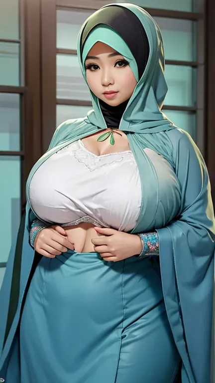 1 malay girl, modern plain hijab, shy, medium portrait, watery eyes, wearing pastel green kebaya, ((big breasts)), black bokeh background, well-proportioned body,, chubby massive thighs, full body pose