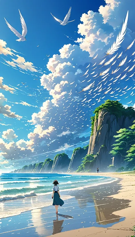 Well detailed anime landscape, The 100 series poster style with people falling from the sky, Os 100, people falling to the sky, beautiful horizon on the beach, floating wing feathers
 falling seen from afar, clouds, small with brush strokes, serene sky ani...