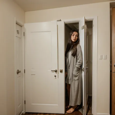 A scared woman peaking out her apartment door