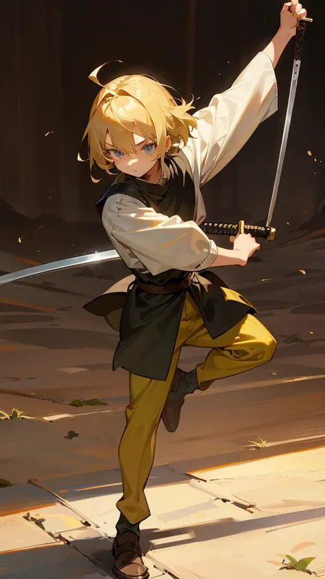 A 10-year-old teenager with blond hair with a sword training in medieval clothes 