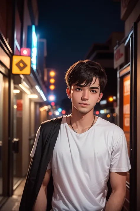 RAW photography, portrait of a 25 year old man in casual clothes, night, city street, (high resolution skin: 1.2), 8K UHD, DSLR, soft lighting, high quality, film grain, fujifilm XT3