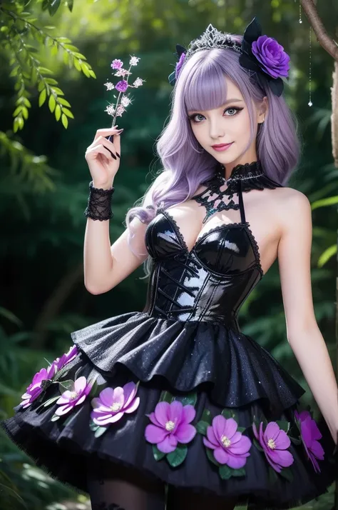 sexy Swedish model who controls poison、beautiful smile、lipgloss、long lashes、eyeliner、gothic makeup、defined eyebrows、look at the camera、full body Esbian、、sparkling poisoned enchanted flower costume、、、、shiny sparkling colorful short hair、secrete poison、skull...