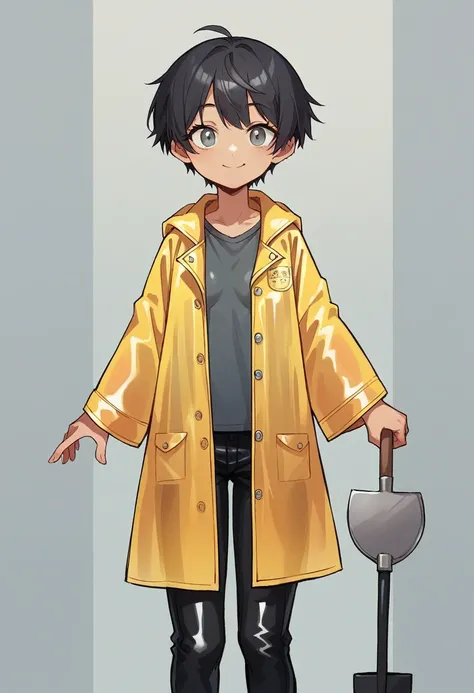 ((very tall girl)), 1 girl, full height, black very short hair, small breasts, in long ((black)) leather raincoat, raincoat unbuttoned, small breasts, gray eyes, smiling, T-shirt and pants under the raincoat, holding a long shovel in her hands, 1 girl in t...