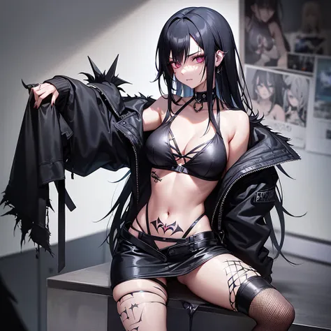 Girl with black hair, dressed like a hardcore music fan. Dark colors predominate, torn fishnet stockings, Metallica logo top, black lips and eyes, Tattoos on the body, zöcker with spikes on the neck. She sits on the bed and on the wall behind her are poste...