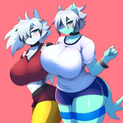 Shark girl, very sexy, big breasts, Wearing a short white sports shirt and shorts,