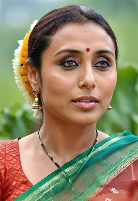 ultra realistic soft focus photo of a 30-year-old woman, rani mukerji, outdoors, high neck mekhela chador (assamese traditional ...