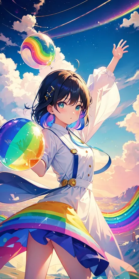 A girl flying in the sky on a big soap bubble。
The overall image is rainbow-colored。