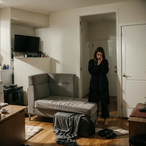 A scared woman inside her apartment on her cellphone