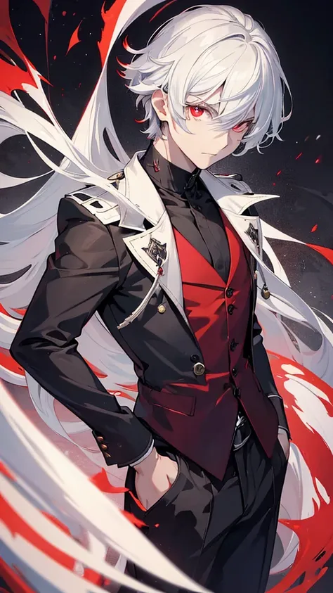 (Highest quality,Super detailed,Realistic:1.37),A boy with white hair and dark red eyes,Wearing a black suit,It gives off a dark aura. He seems to have both human and demonic qualities., With sharp devilish features. He wears an earring in one ear, This ad...