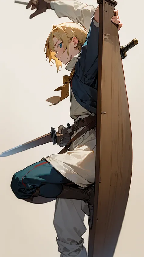 A 10-year-old teenager with blond hair with a sword pointed at a wooden dummy training in medieval clothes 