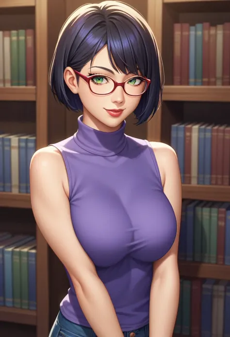 (A 27 year old anime girl in blue purple casual high neck sleeveless t-shirt standing in front of a bookshelf:1.3), Alone, female anime character, anime visual of a young woman, bob haircut, red painted lips, thick lips, black hair, wearing glasses, big br...