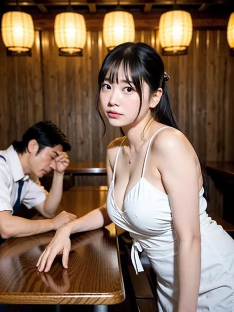 "Create an image depicting a scene from a movie where a middle-aged man and a cute cum dump girl student are working together in an izakaya. The setting should be a traditional Japanese izakaya with wooden tables, paper lanterns, and a bar counter. Both ch...