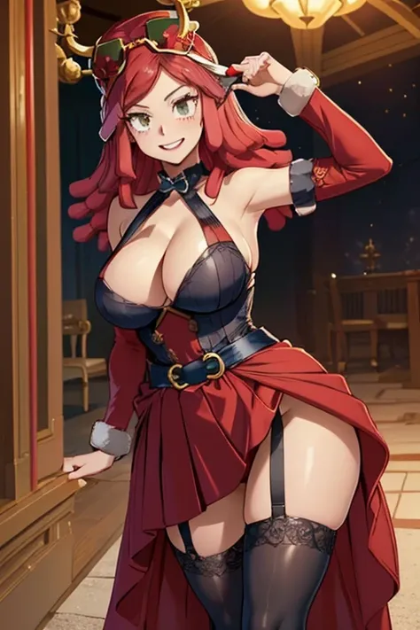 Mei hatsume,(my hero academia),my hero academia,mei hatsume, (Wearing),+,(Imagine a dazzling, erotic twist on the traditional Mrs. Claus costume for a provocative Christmas cosplay. Start with a floor-length velvet dress in a rich crimson red hue, reminisc...