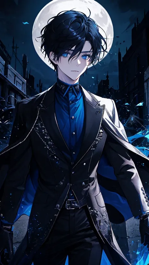 (best quality), masterpiece,Ultra Detailed,1man，Masculinity，a black-haired，short hair，blue Eyes，looking at viewers, Gorgeous dark atmosphere, Wear a black suit，Late Night, moon