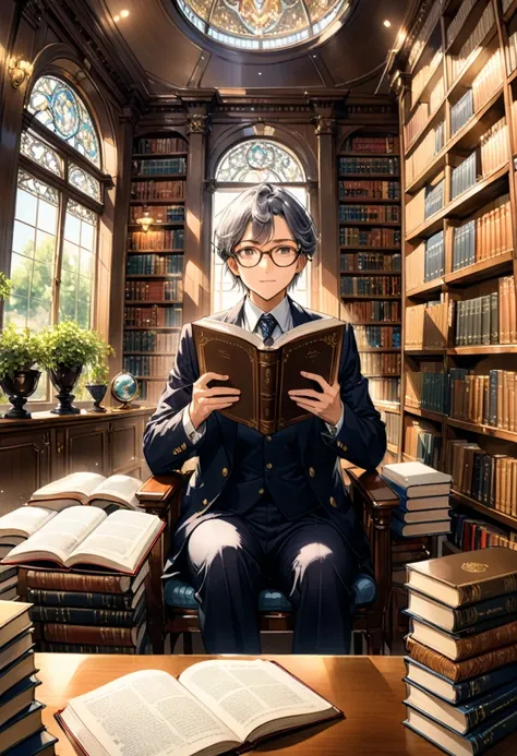 (Wearing Glasses), librarian wearing formal uniform, sitting in front of bookshelves in quiet library, pushing circular glasses on nose bridge, holding a book in hand, with neatly arranged books in background, full body, (Photography), panoramic view, awar...