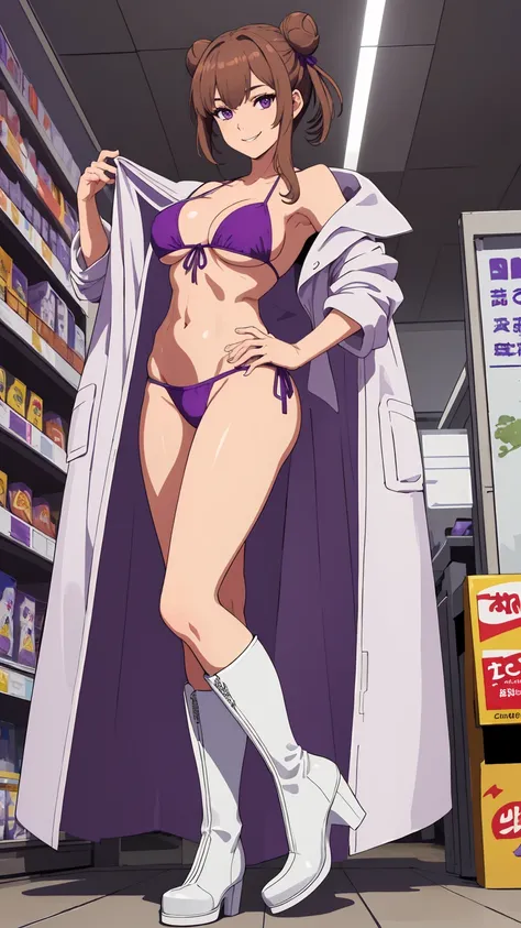 Masterpiece, 4k, details, extreme details, high resolution, 1 woman, His short, light brown hair was tied into two buns.. , purple eyes , sly face , smile , purple bikini , white cloth coat , abdomen, big breasts , Long legs , stand on your hips... , white...