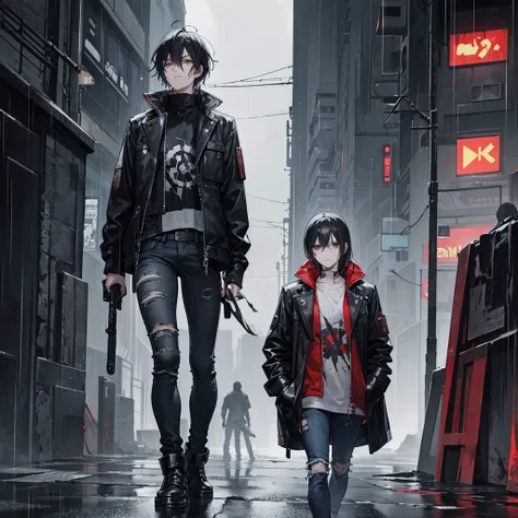 A man with black hair and black eyes covered in blood in the cyberpunk universe is wearing a jacket, distressed gray jeans, there is a sword in his hand, against the backdrop of a night cyberpunk city and very heavy rain. 