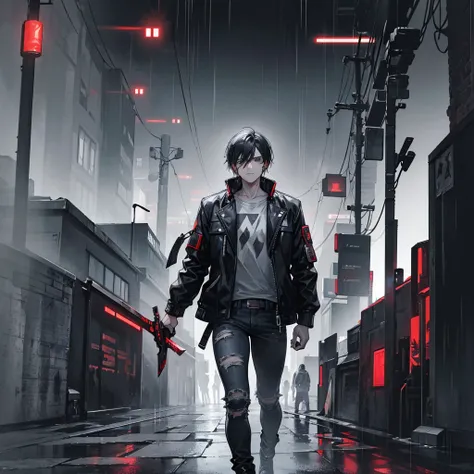 A man with black hair and black eyes covered in blood in the cyberpunk universe is wearing a jacket, distressed gray jeans, there is a sword in his hand, against the backdrop of a night cyberpunk city and very heavy rain. 