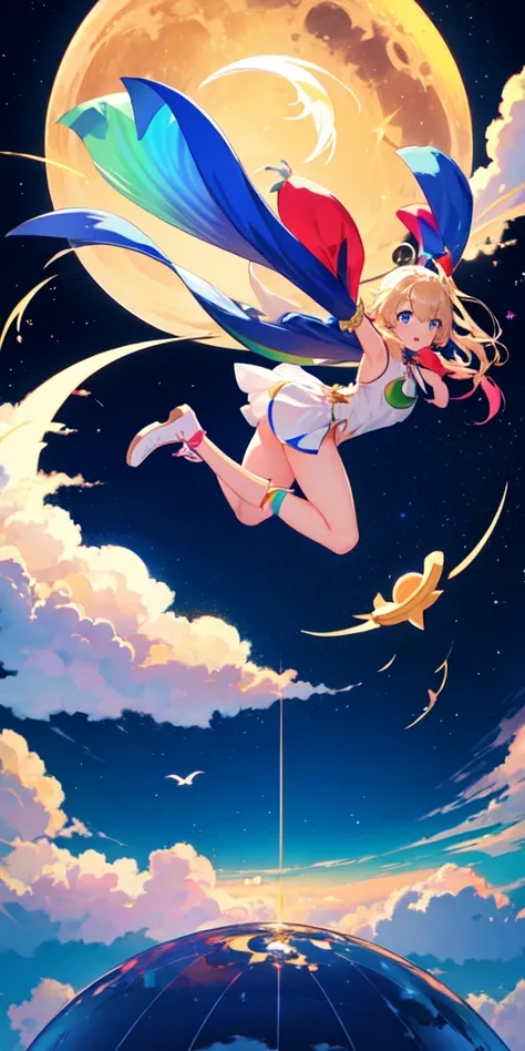 A girl flying in the sky on a big crescent moon。
The overall image is rainbow-colored。