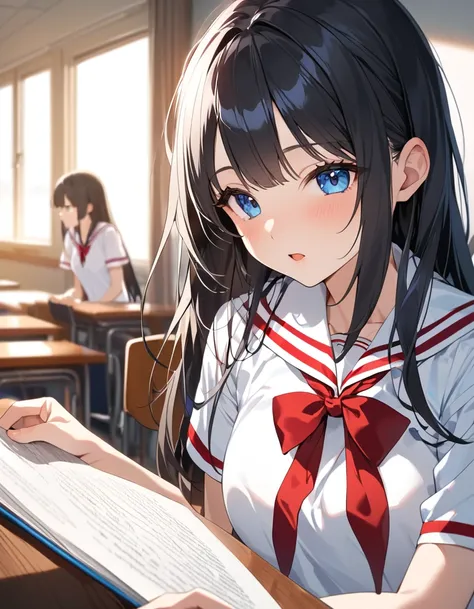 (Highest qualityのイラスト:1.2),  (1 girl、18-year-old), (Kind eyes、blue eyes:1.2)、Black Hair、Semi-long hair、bangs、(Highest quality、Very detailed、cute、Ultra-high resolution) 、High School Uniform｛White Sailor Suit、Black collar、Red neckerchief、Short sleeve、Cleavag...