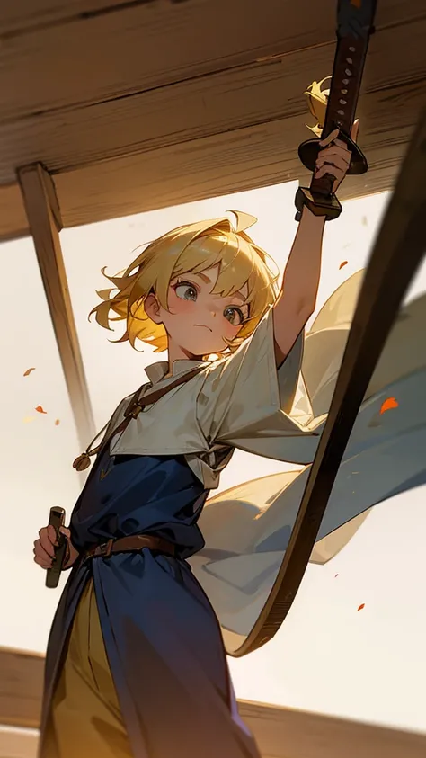 A 10-year-old teenager with blond hair swinging a wooden sword in medieval clothes 