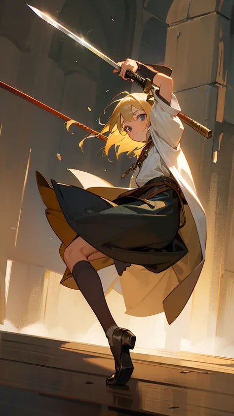 A 10-year-old teenager with blond hair swinging a wooden sword in medieval clothes 