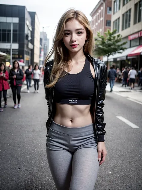 (((Open Stance)))、15 years old、1 Girl, solo, Sports Bra、(((Pedestrian precinct)))、Flight jacket、Squat、White leggings pants、Place your arms behind your back、Beautiful knees、smile、