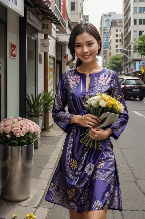 A woman wearing a very elegant batik dress smiles while carrying flowers in the middle of the city