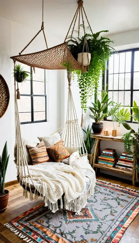 Bohemian loft bedroom with a hanging macramé hammock bed, living plant wall, moroccan lanterns, and a spiral staircase leading to a cozy reading nook