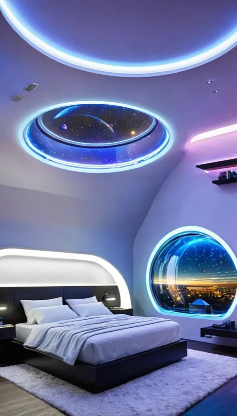 Futuristic sleep pod bedroom with smart glass windows, levitating orb lights, integrated aromatherapy system, and a holographic art gallery wall