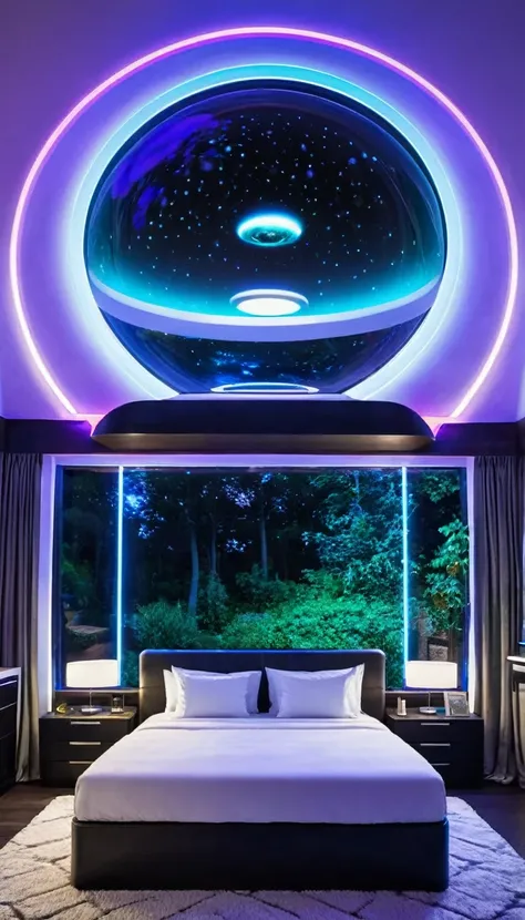 Futuristic sleep pod bedroom with smart glass windows, levitating orb lights, integrated aromatherapy system, and a holographic art gallery wall