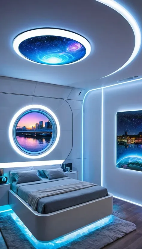 Futuristic sleep pod bedroom with smart glass windows, levitating orb lights, integrated aromatherapy system, and a holographic art gallery wall