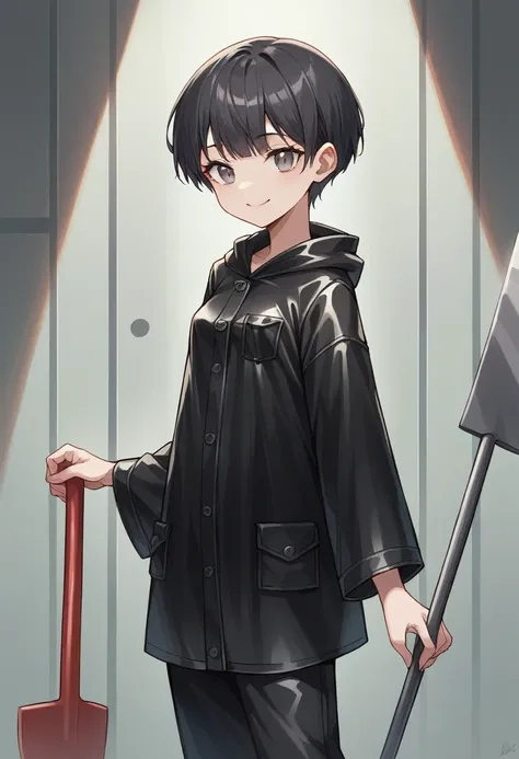 ((very tall girl)), 1 girl, full height, black very short hair, small breasts, in a long ((((black)))) leather raincoat, raincoat unbuttoned, small breasts, gray eyes, smiling, T-shirt and pants under the raincoat, holding a long shovel in her hands, 1 gir...