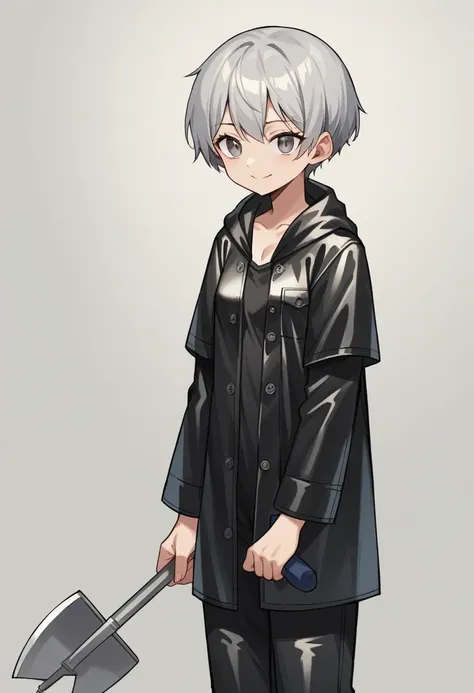 ((very tall girl)), 1 girl, full height, black very short hair, small breasts, in a long ((((black)))) leather raincoat, raincoat unbuttoned, small breasts, gray eyes, smiling, T-shirt and pants under the raincoat, holding a long shovel in her hands, 1 gir...