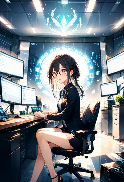 (Wearing Glasses), lyoung programmers sitting in the corner of the office, glasses slightly reflecting in the screen light, fingers quickly typing code on the keyboard, background in quiet office, full body, (Photography), panoramic view, award-winning, ci...