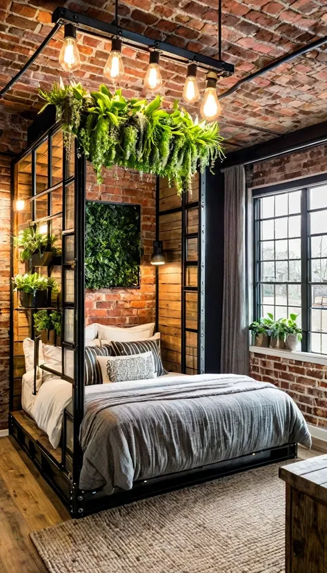 Rustic-industrial bedroom with a repurposed shipping container bed frame, exposed brick accent wall with vertical garden, Edison bulb chandelier, and a sliding barn door revealing a luxury en-suite bathroom