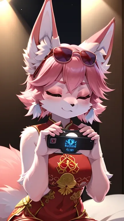 very detailed content, high quality, masterpiece, beautiful, yae miko fox,  with eyes closed,, telephone, sunglasses,，hand（fox p...