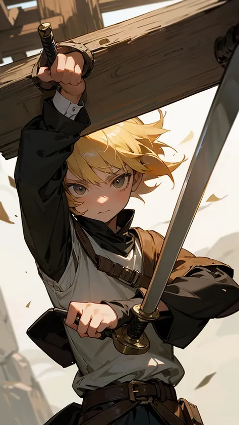 A 10-year-old teenager with blond hair swinging a medieval one-handed wooden sword 