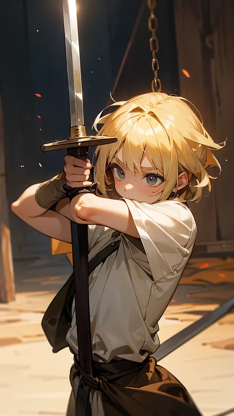 A 10-year-old teenager with blond hair swinging a medieval one-handed wooden sword 