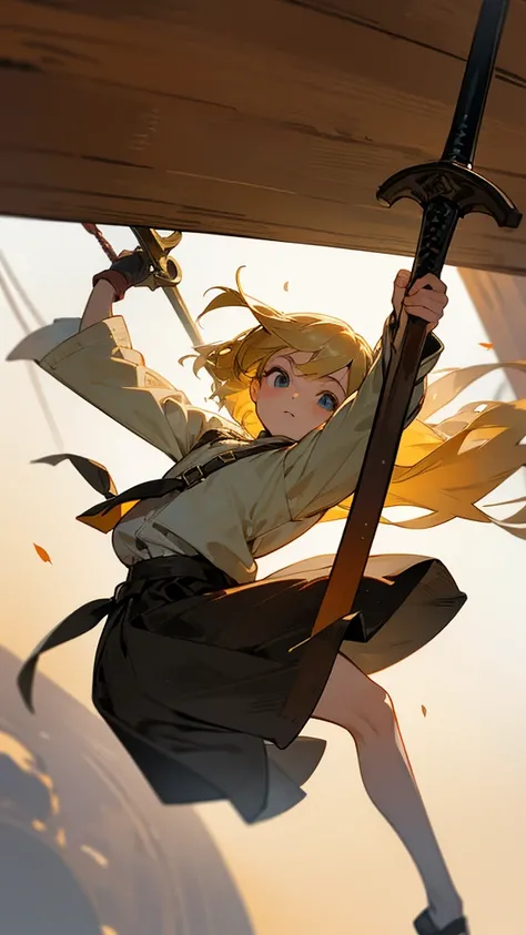 A 10-year-old teenager with blond hair swinging a medieval one-handed wooden sword 