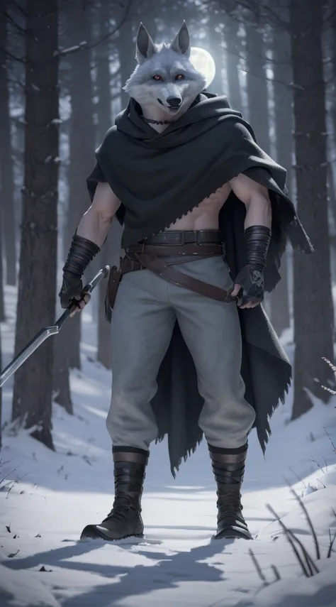 death (puss in boots), male, muscular, wolf, canid, fluffy, standing, night, forest, claws, paws, low angle view, long hair, black sclera, red eyes, tail, front view, action pose, (black poncho:1.2), clothed, bottomwear, pants, belt, white body, black fur,...