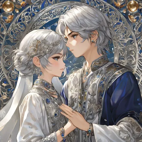 A boy with a fair-skinned boy with silver and brue hair styled in medium-length hair.
He has brue eyes.
His attire consists of a white dress adorned with brue and silver details, loose sleeves of patterned brue fabric, and a silver bracelet on her right wr...