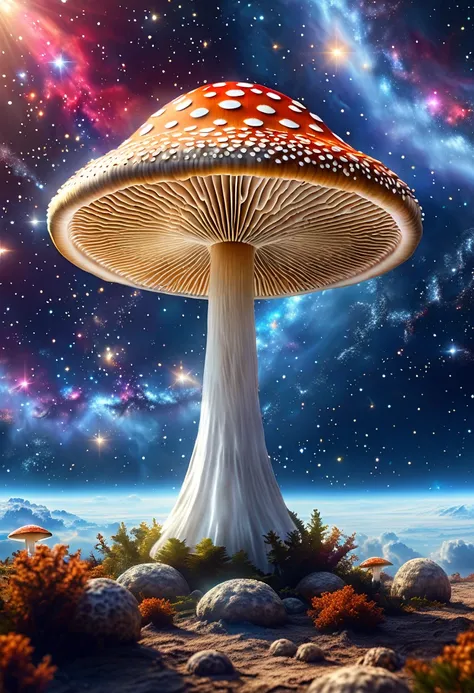 holy space mushroom on space background photorealistic, feeling omnipotence of the mushroom and feeling that the mushroom is god