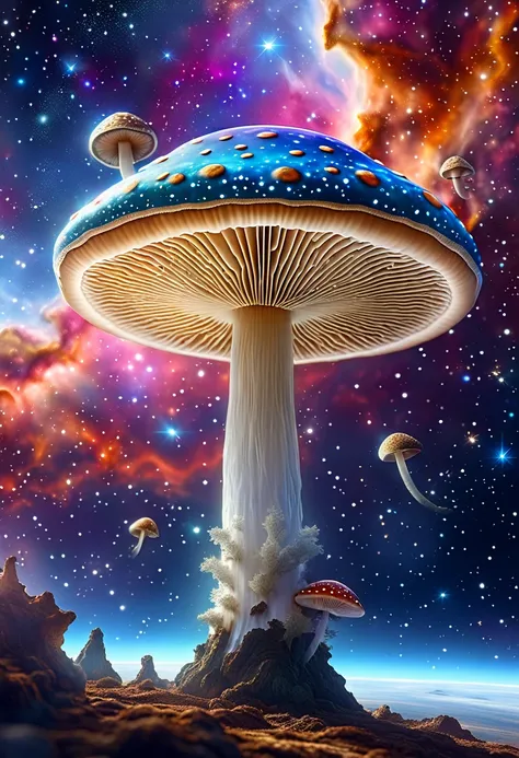 holy space mushroom on space background photorealistic, feeling omnipotence of the mushroom and feeling that the mushroom is god