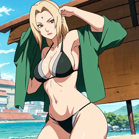 masterwork, best quality, Sharpness, Tsunade Senju, bikini, detailed, bigtits, beach