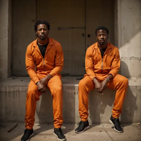 Two Black prisoners in orange jumpsuits smoking cigarettes 