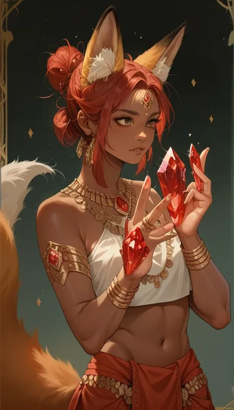 score_9, score_8_up, score_7_up, score_6_up, score_5_up, score_4_up, 
female, (fox:1.2), animal ears, animal tail, holding (2 red magic Crystals floating on hands), (hands_up:0.75), jewelery, hair_bun, dark_skin, dark_skinned_female, red hair, brown eyes, ...