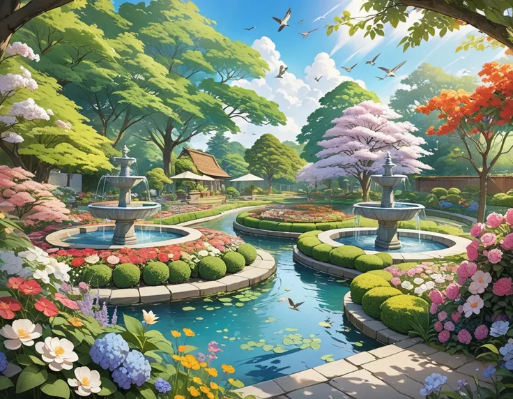 Large and peaceful garden, Green and floral maze,The sound of a trickling fountain harmonizes with the chorus of birds., The air is full of flowers々Filled with the scent of, Paintings of natural beauty and serenity, Inviting the viewer into a living, restf...