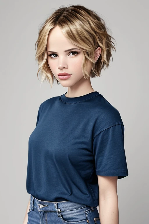 headshot photo of photo of halstonsage, focus on face, wearing a tshirt and jeans , her hair is styled as fluffy pixie,